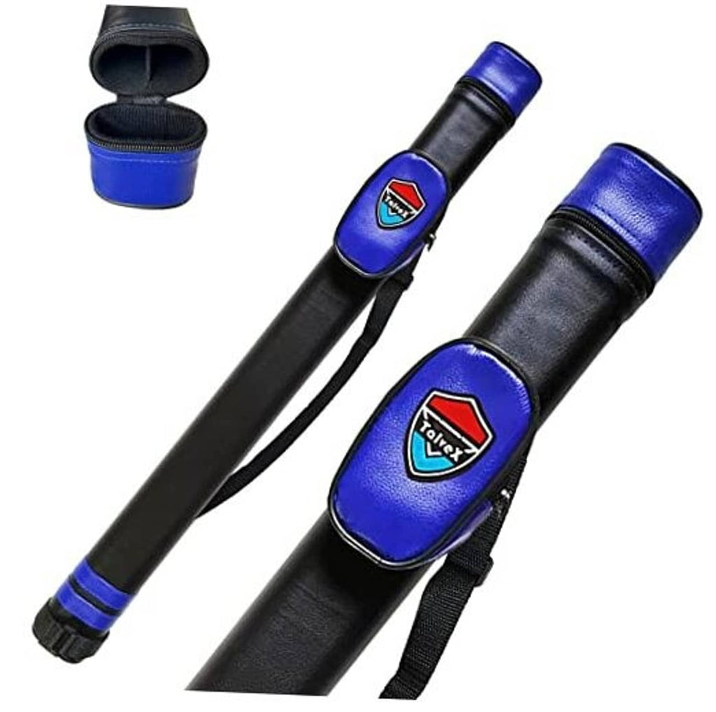 Blue and black hard pool cue case with zippered butt compartment and carry loop
