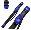 Blue and black hard pool cue case with zippered butt compartment and carry loop
