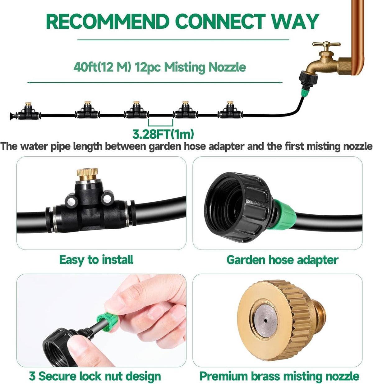 Misting nozzle hose manifold with brass fittings and green garden hose adapter
