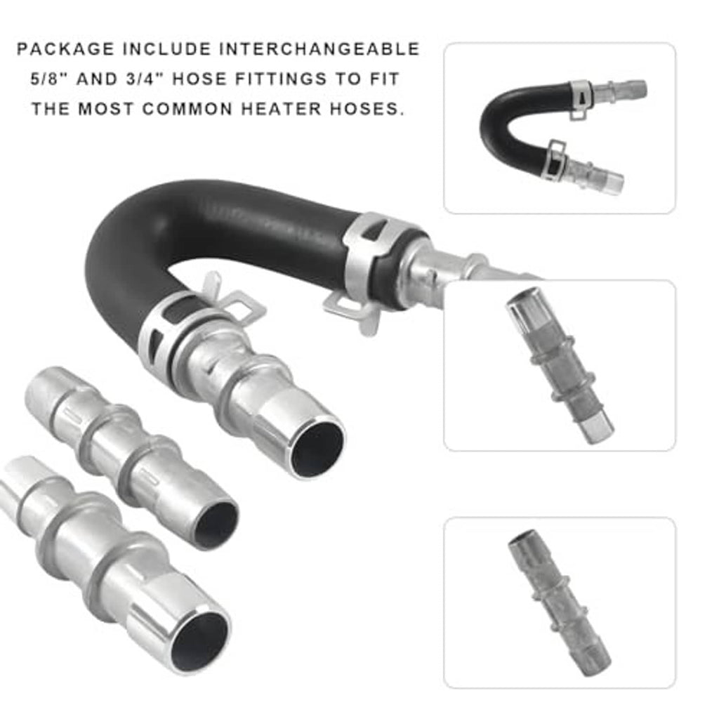 Heater core bypass hose kit with black rubber hose and silver interchanging fittings