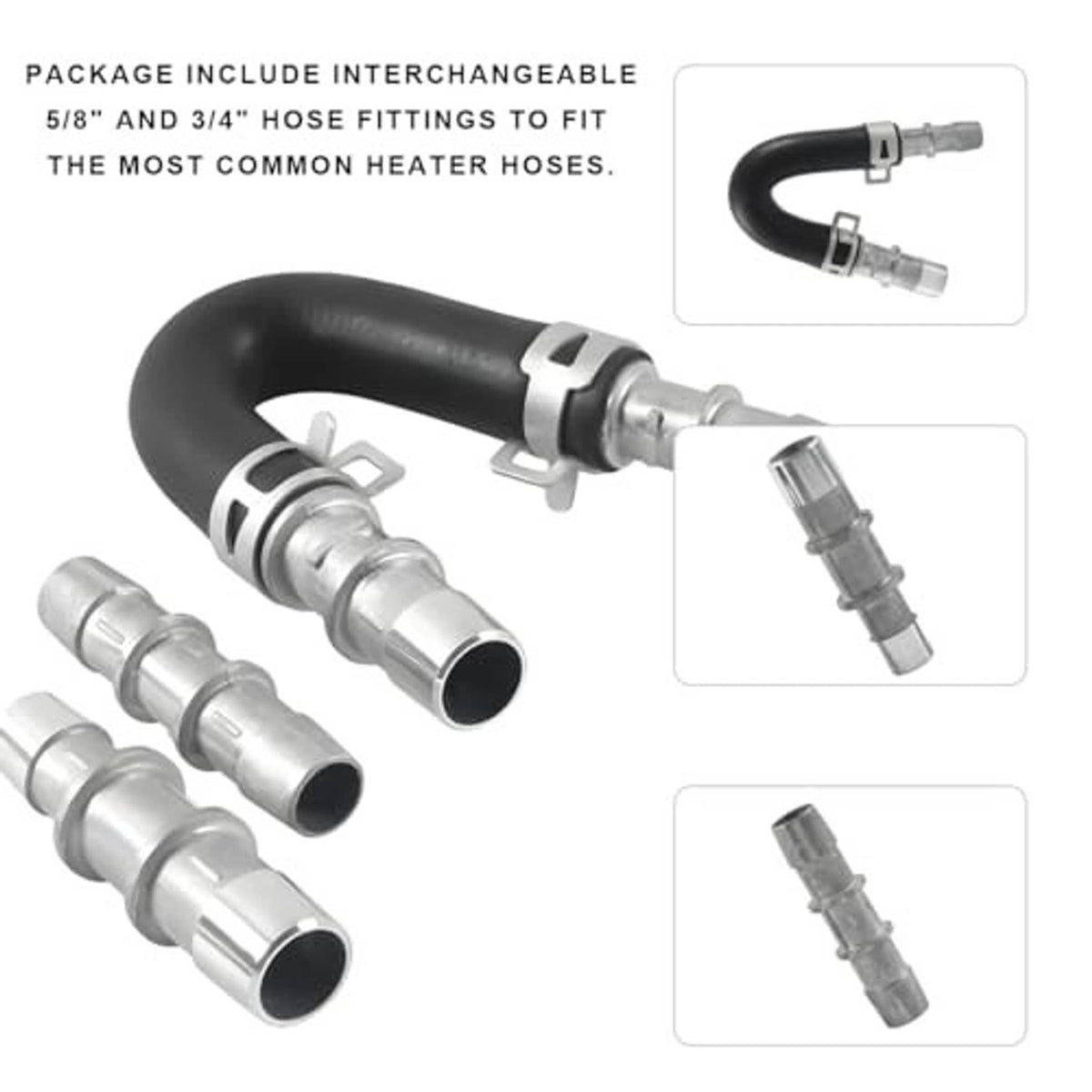 Heater core bypass hose kit with black rubber hose and silver interchanging fittings