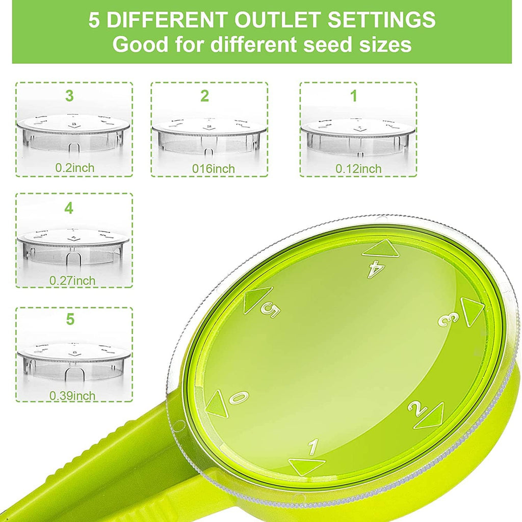 Circular seed outlet dial on green handheld dispenser showing multiple outlet settings