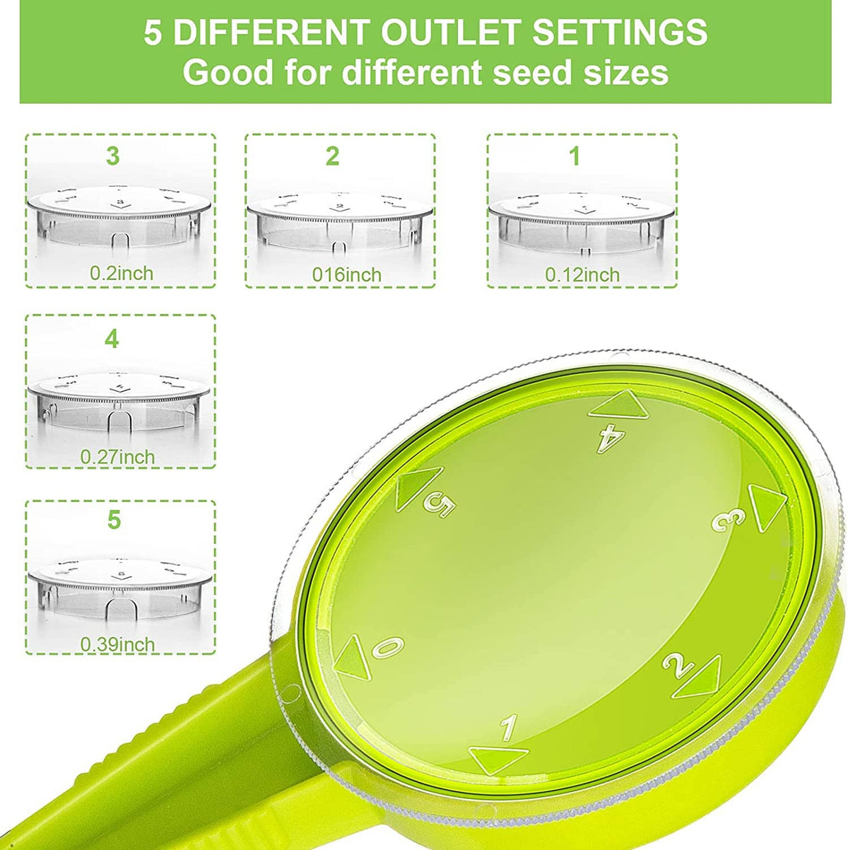 Circular seed outlet dial on green handheld dispenser showing multiple outlet settings