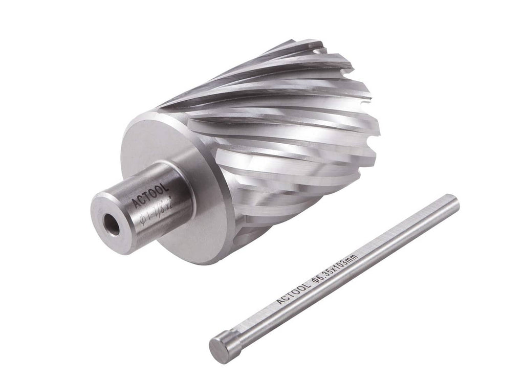 HSS annular cutter with shank and guide rod, silver fluted metal body
