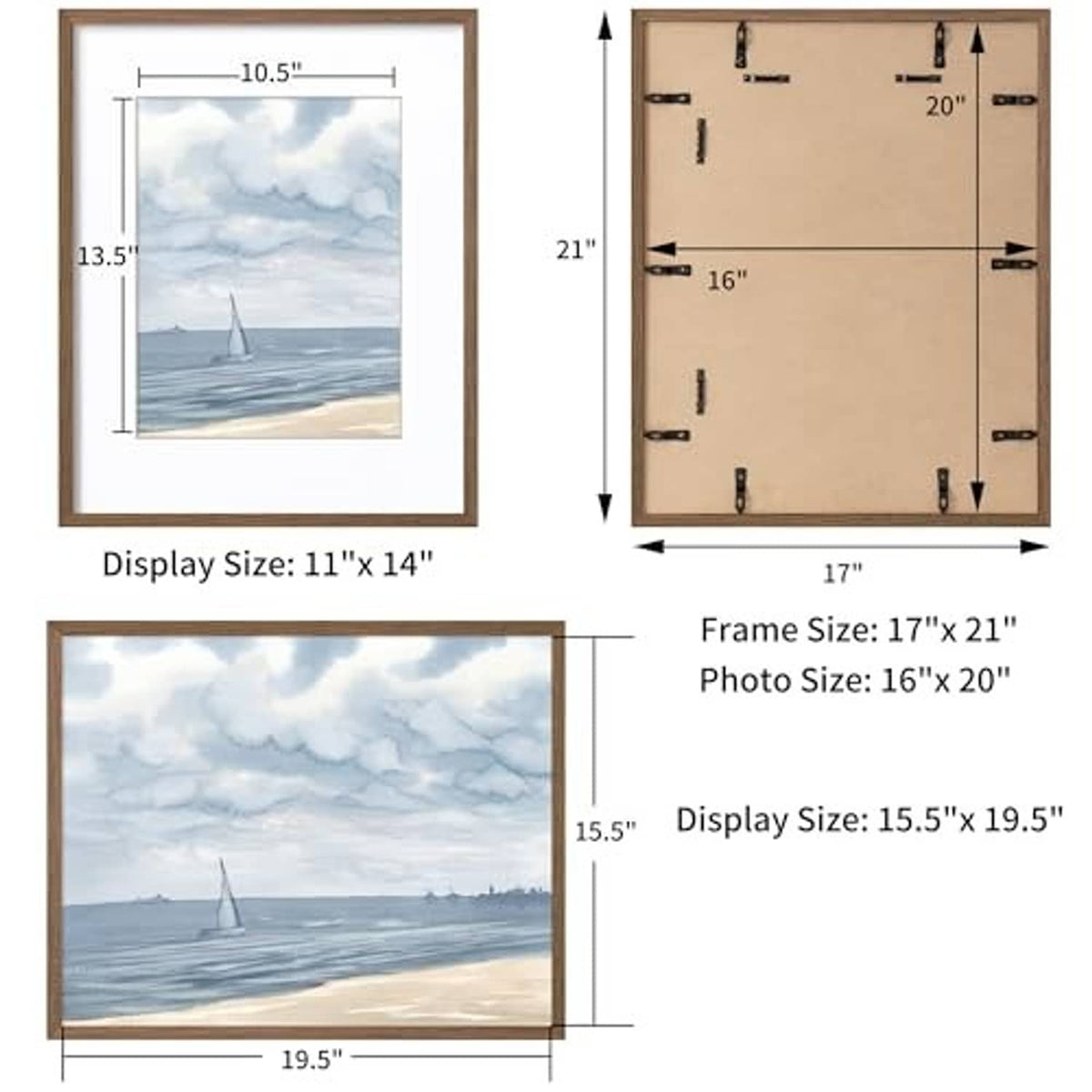 Walnut solid wood poster frame with tempered glass front and backboard, 16x20 size