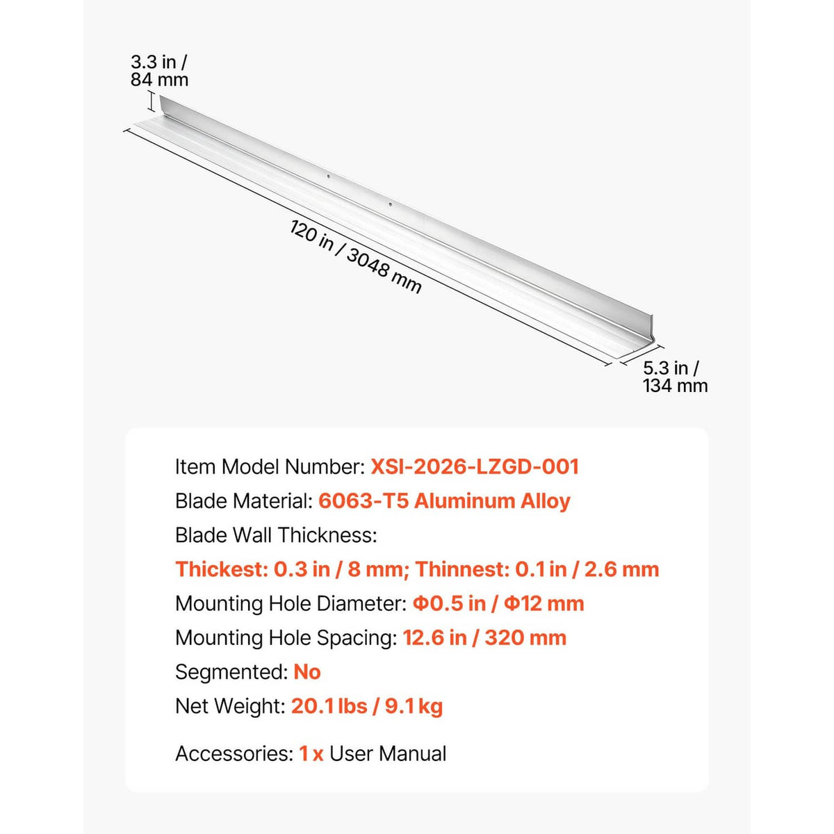 10 ft T5 aluminum alloy screed blade with mounting holes and thickened wall