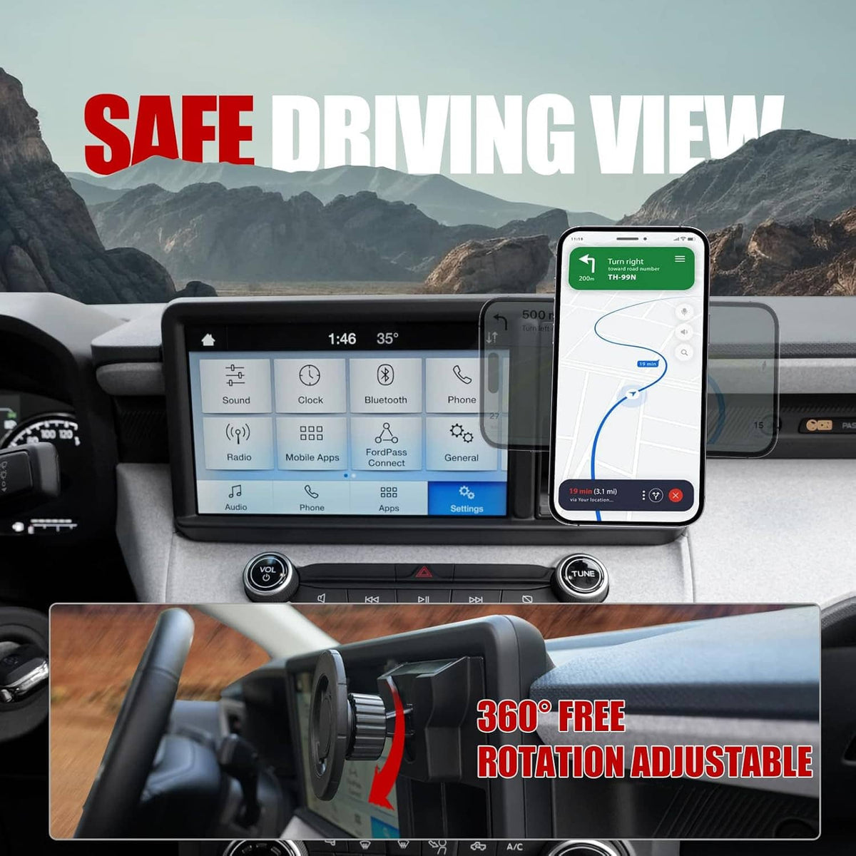 Magnetic phone holder cubby insert mounted on car dashboard with phone attached