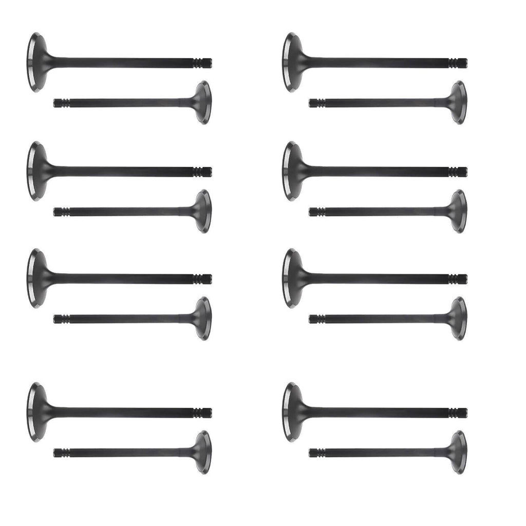 Engine valves with round metal heads and threaded black stems, assorted lengths