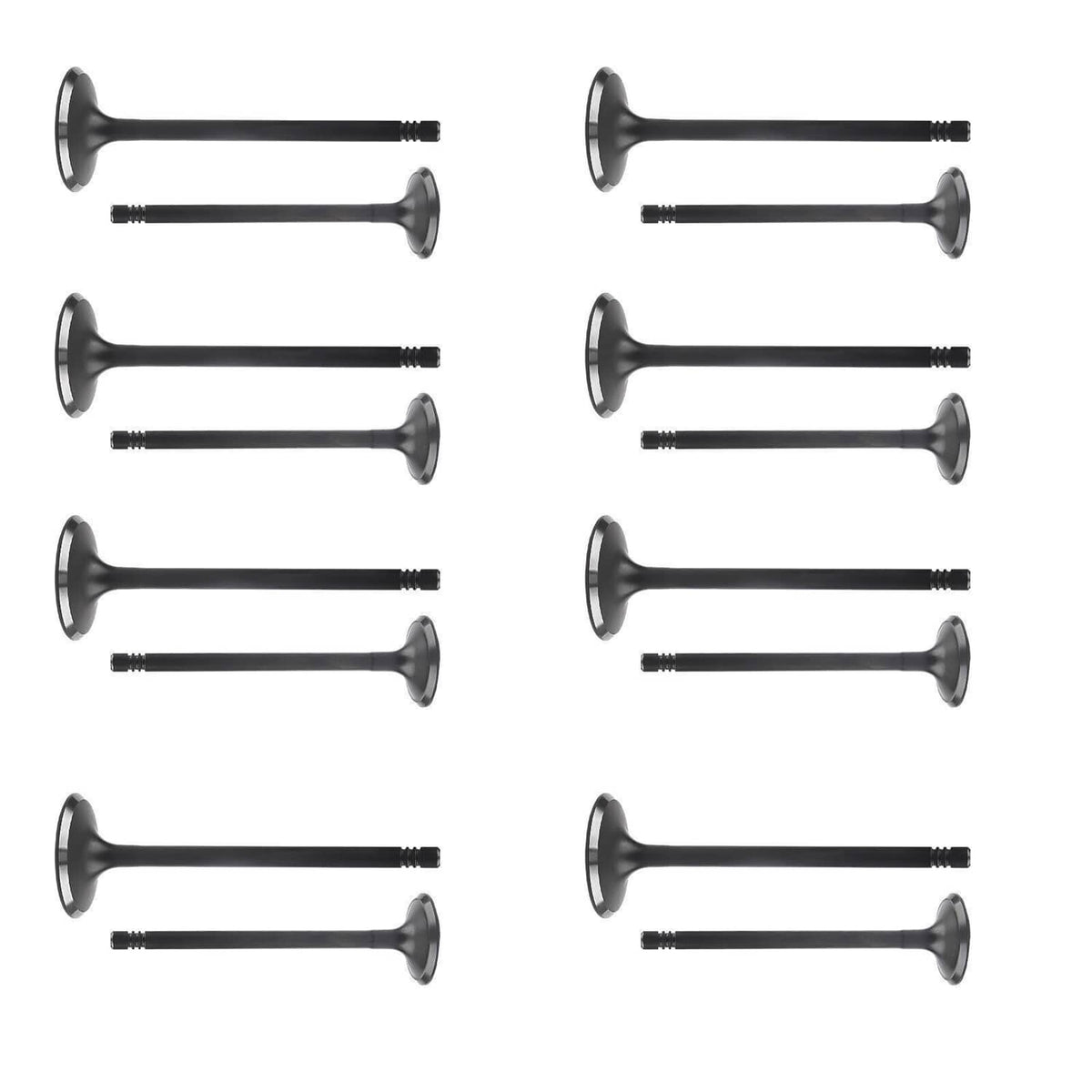 Engine valves with round metal heads and threaded black stems, assorted lengths