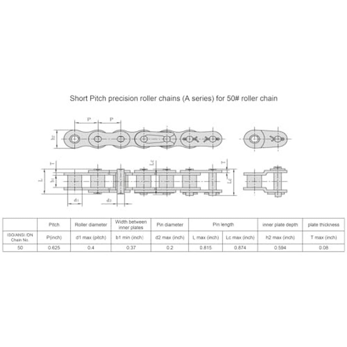 Technical diagram showing roller chain sprocket pitch, dimensions, and pin details
