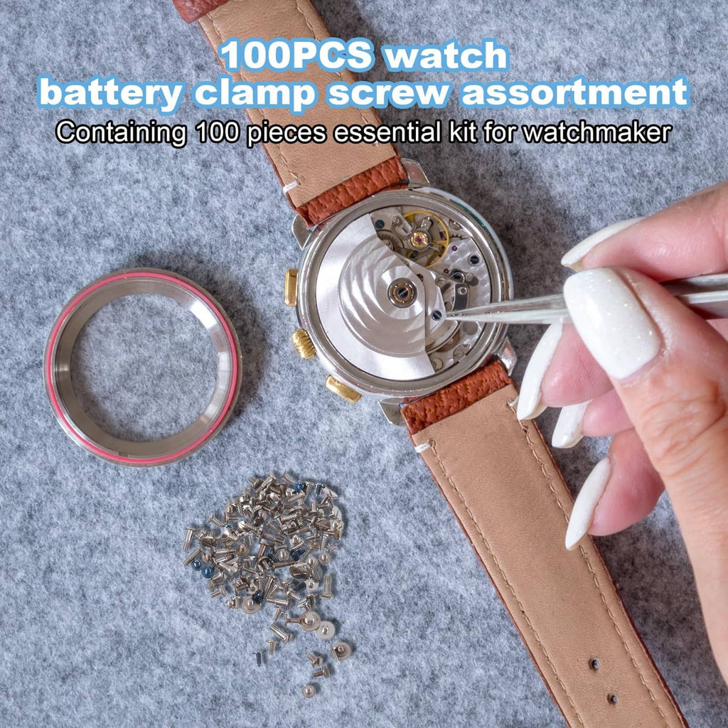 100-piece watch battery clamp screw kit with silver screws and watch movement