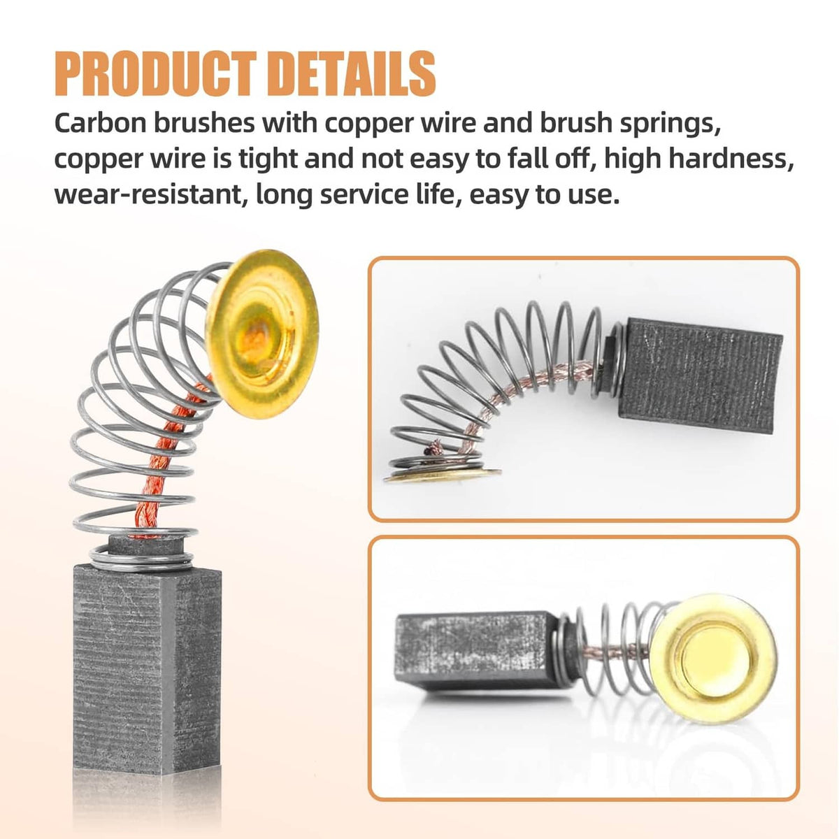 Carbon brush set with yellow contact disk, gray carbon block, and coil spring