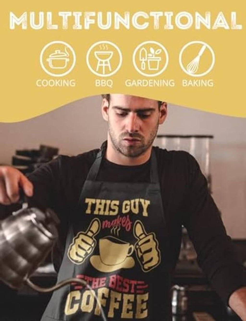 Black multifunction coffee apron with “THIS GUY makes the best coffee” print
