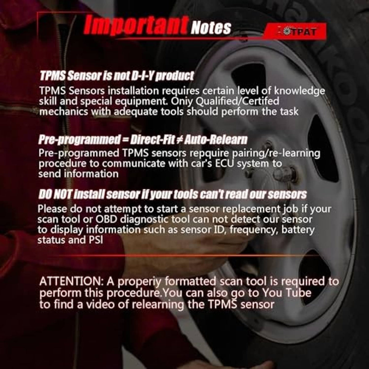Tire pressure sensor installed on a wheel with warning notes overlay