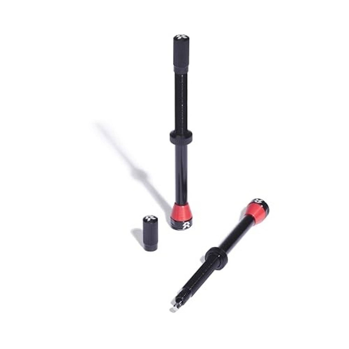 90mm black tubeless bike valve stems with red base ring and protective cap