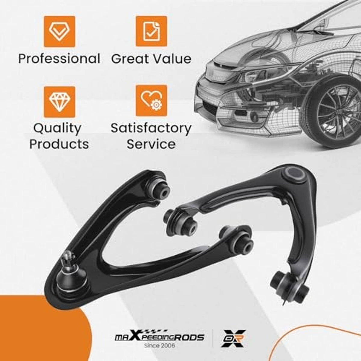 Front upper control arm with ball joints, black housing and metal ball joint stud