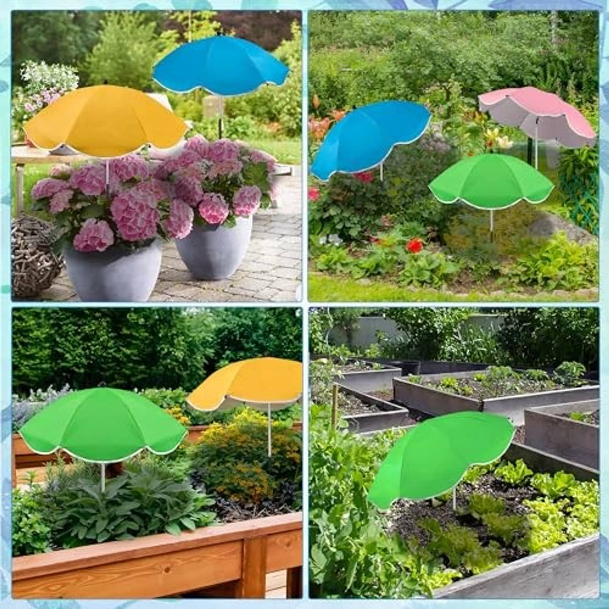 Four-color outdoor plant umbrella set shown in multiple garden planting scenes