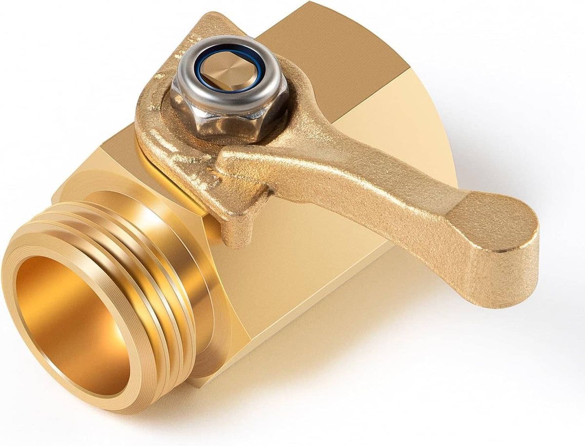 Brass shut-off valve close-up with quarter-turn lever and male threads