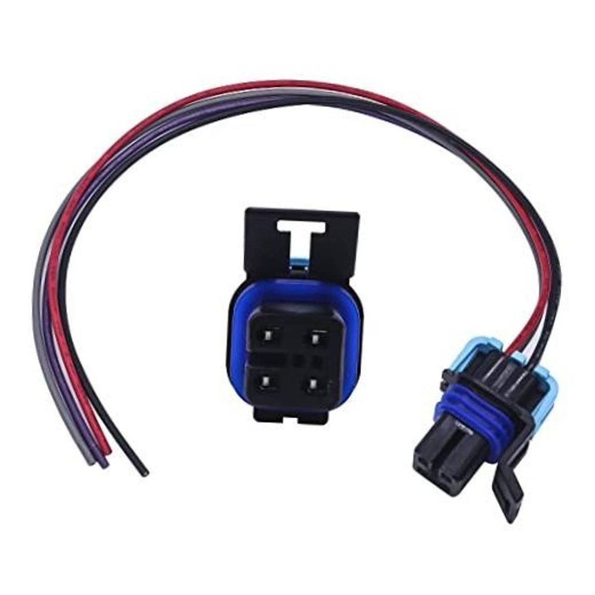 4-way female electrical pigtail connector with blue housing and red, purple, black wire leads