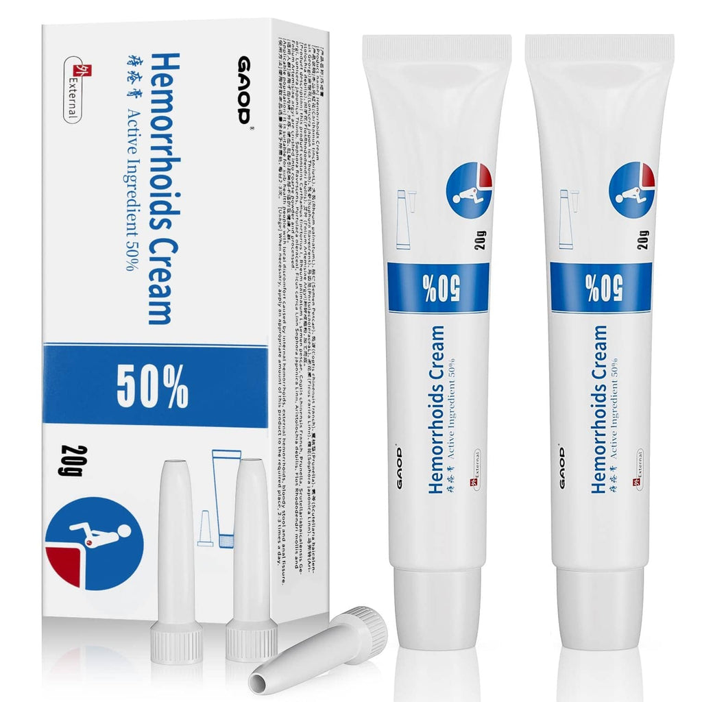 Two white ointment tubes with blue % label, 20 g each, hemorrhoid cream