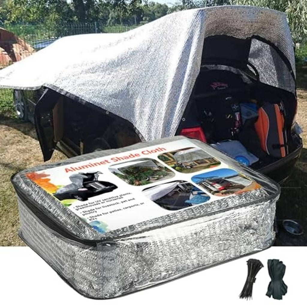 Aluminized reflective shade cloth cover, folded with storage pouch and accessory ties