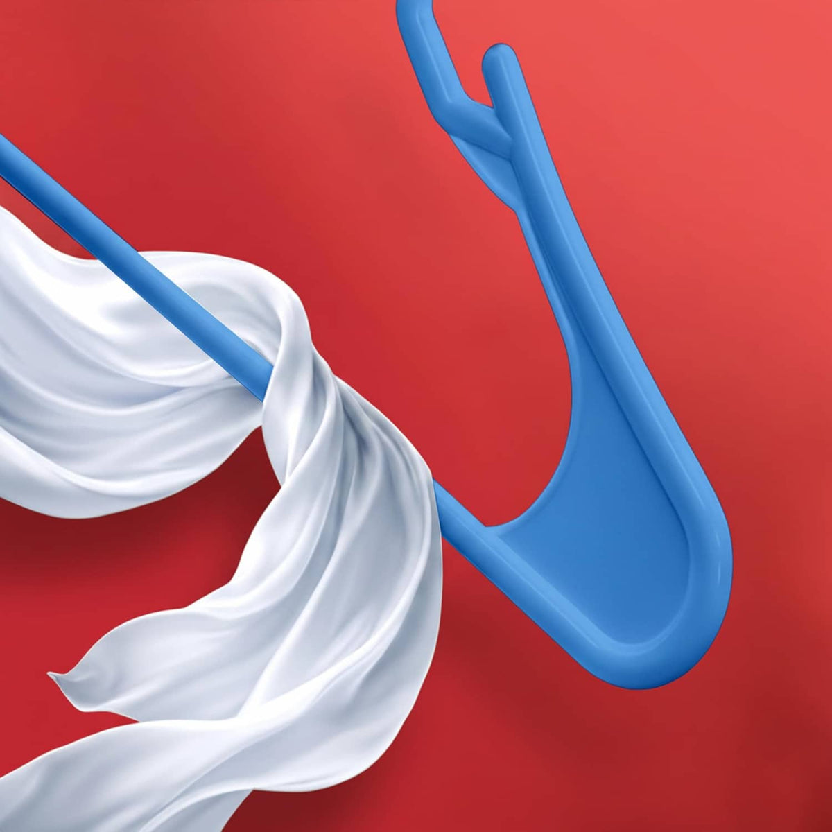 Blue plastic hanger close-up with curved hook and smooth frame