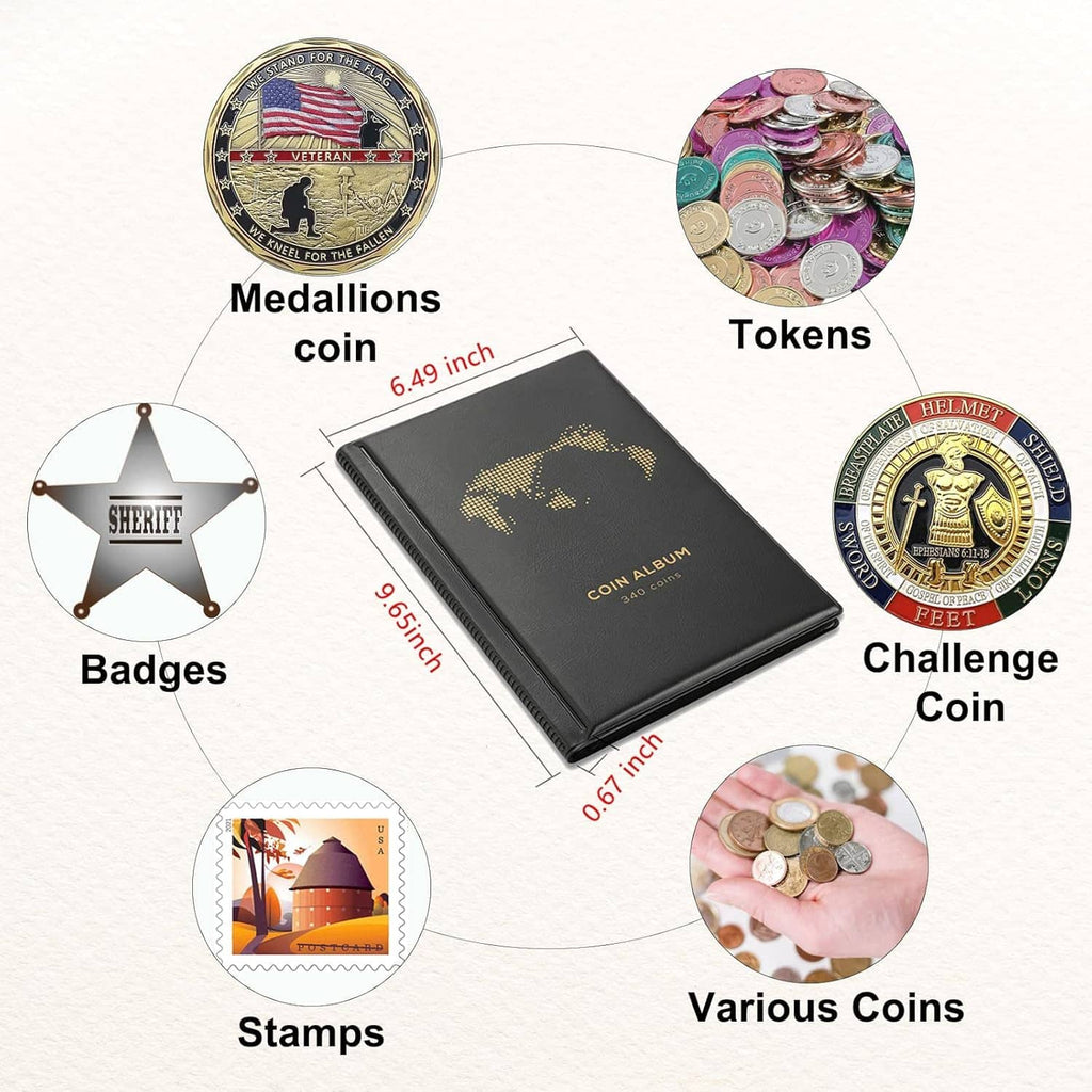 Coin album infographic showing medallions, tokens, badges, stamps, challenge coins, and sizes
