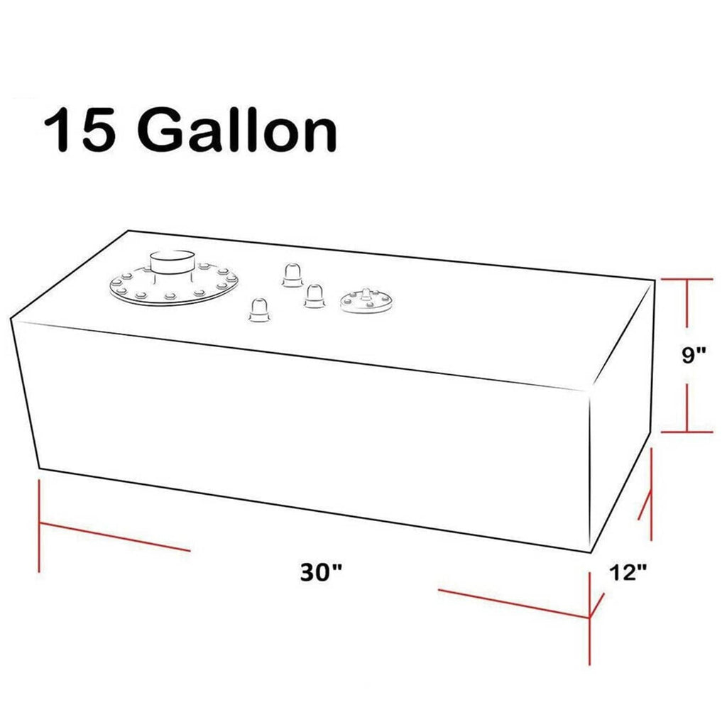 Silver 15-gallon fuel cell tank with side measurements diagram