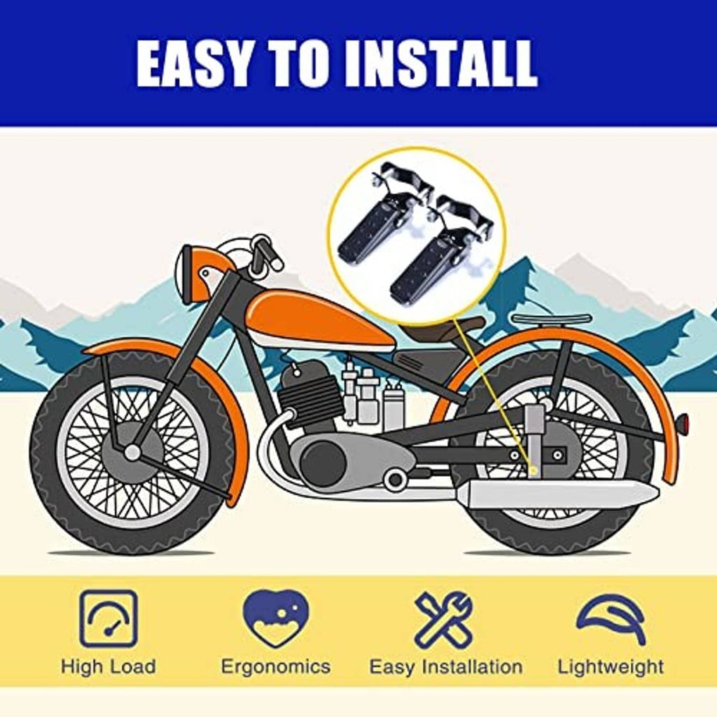 Motorcycle foot peg installation graphic with folding pegs concept on a bike illustration
