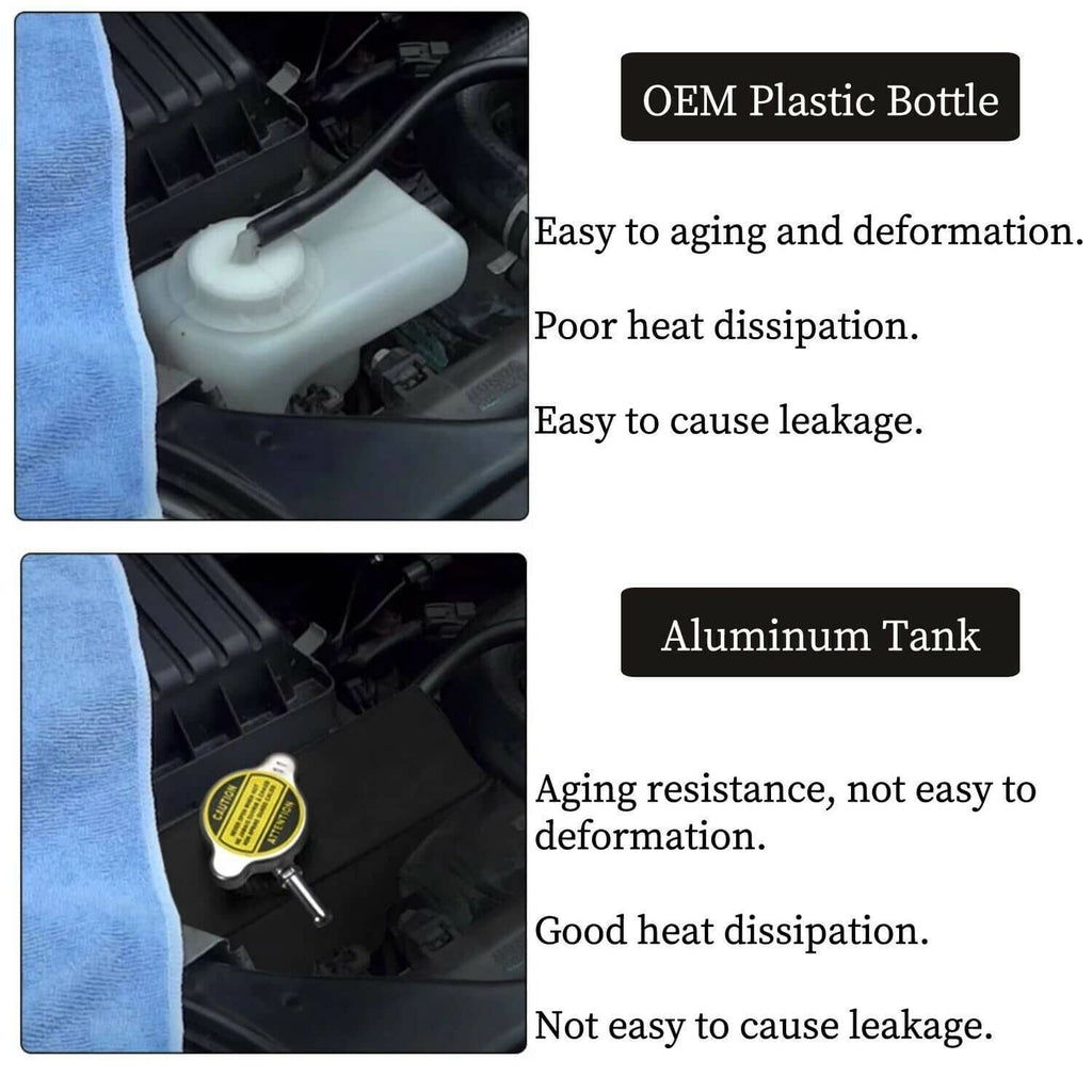Coolant overflow reservoir shown in engine bay, comparing plastic bottle and aluminum tank