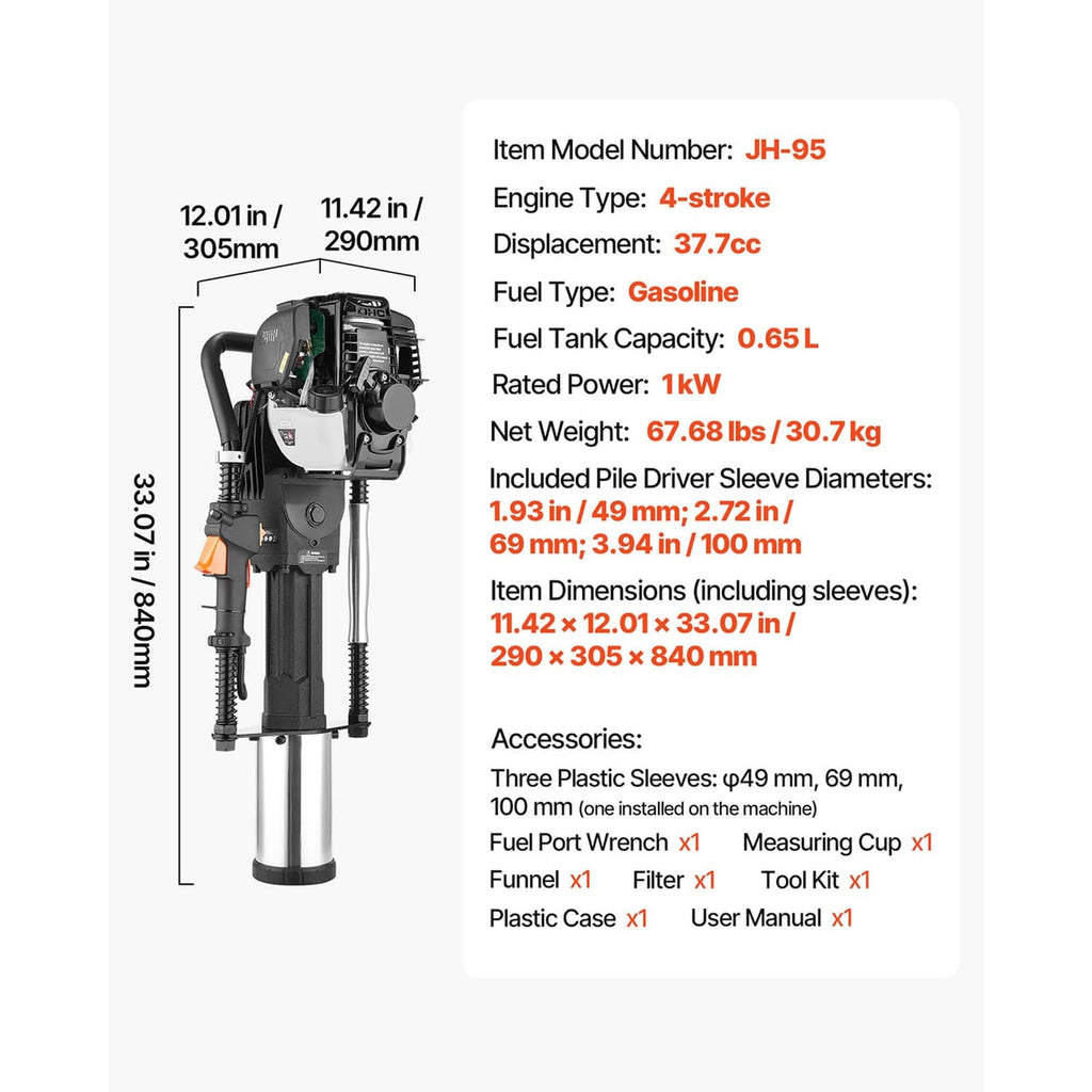 Gas powered T post driver with 4-stroke engine and tall silver steel base