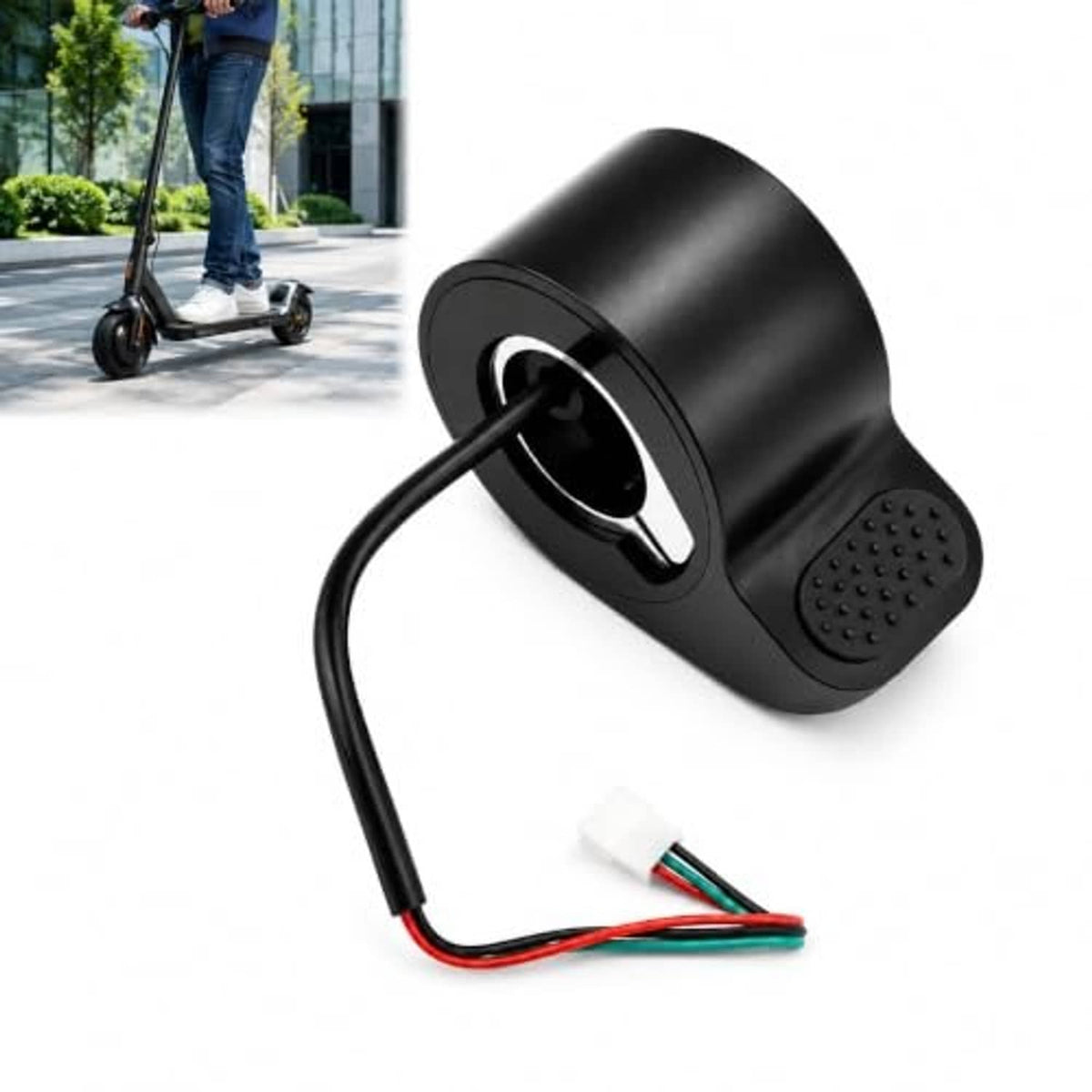 Black thumb throttle replacement, curved housing with textured anti-slip pad and cable
