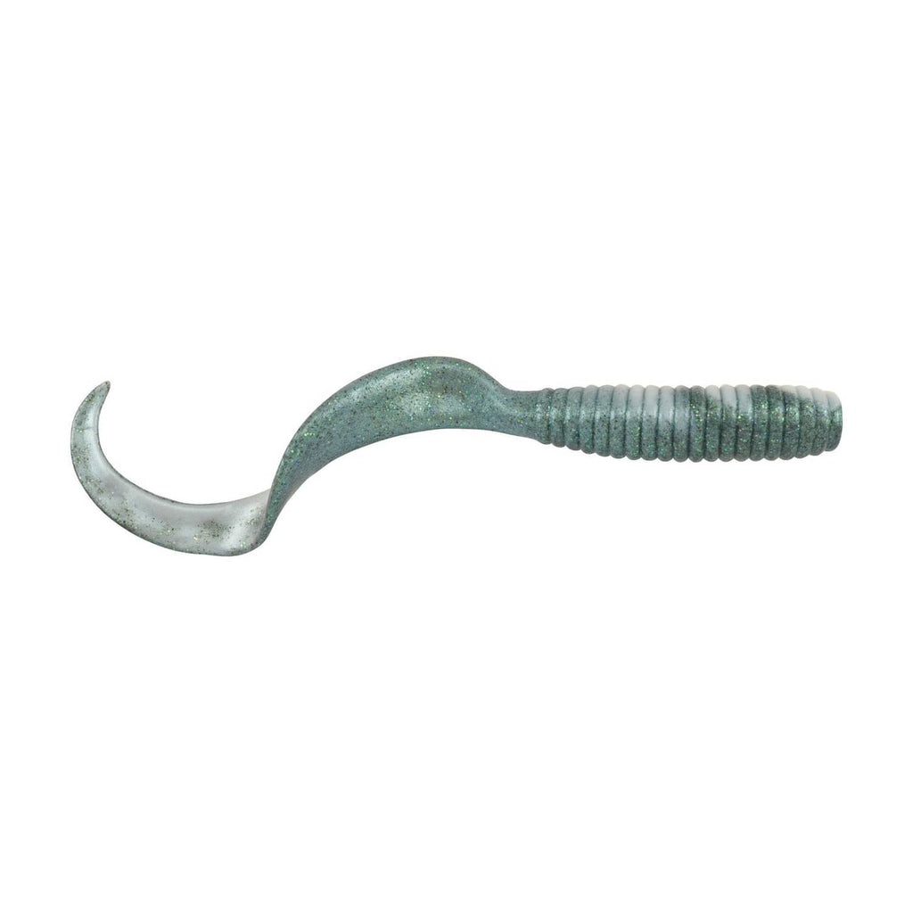 Fishing soft bait jig trailer, dark green ribbed worm with curved hook tail