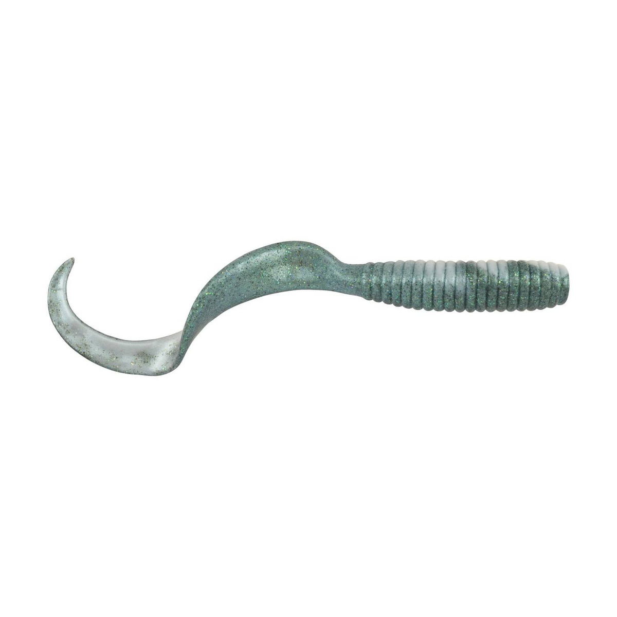 Fishing soft bait jig trailer, dark green ribbed worm with curved hook tail