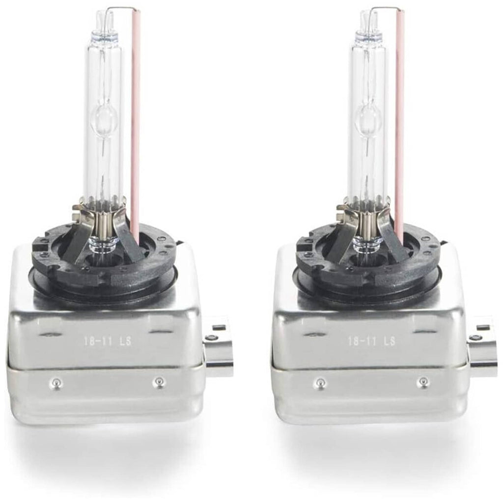 Two HID xenon headlight bulbs with clear glass lamps and silver metal bases