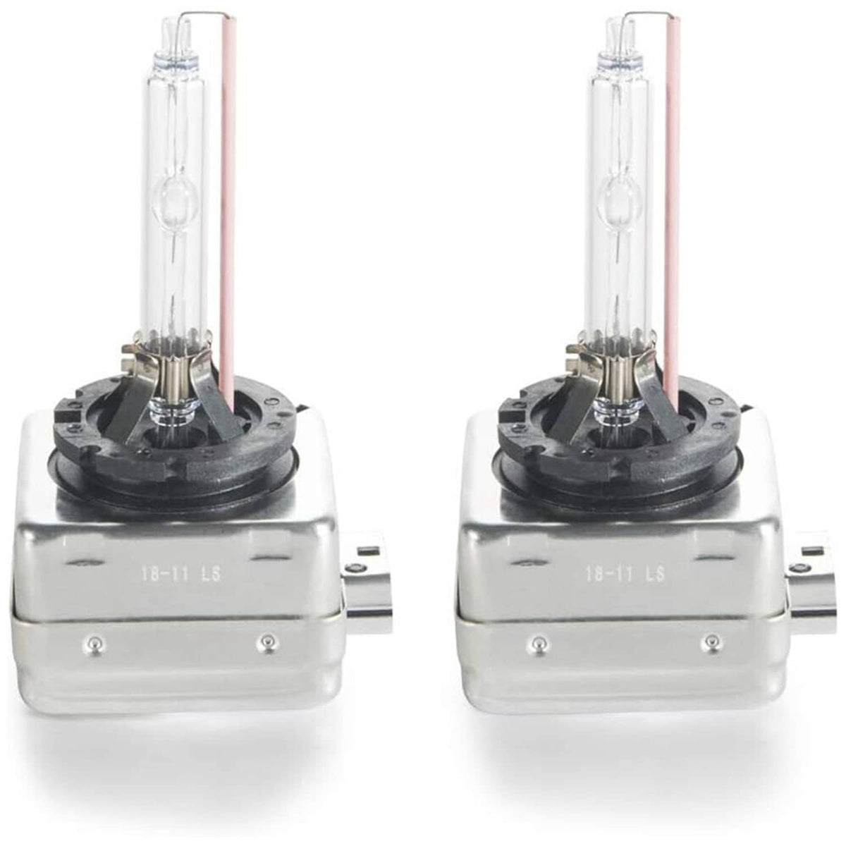 Two HID xenon headlight bulbs with clear glass lamps and silver metal bases