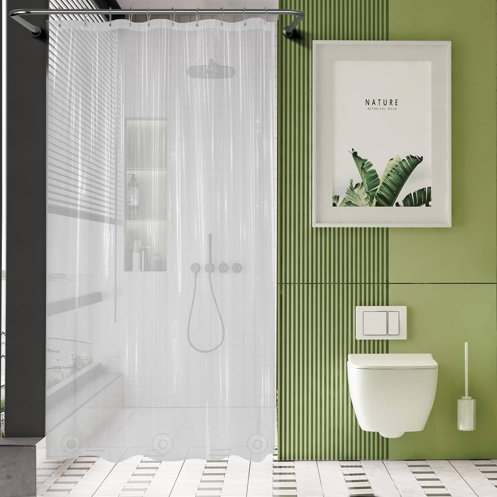 Clear long stall shower curtain with metal rod rings and see-through fabric