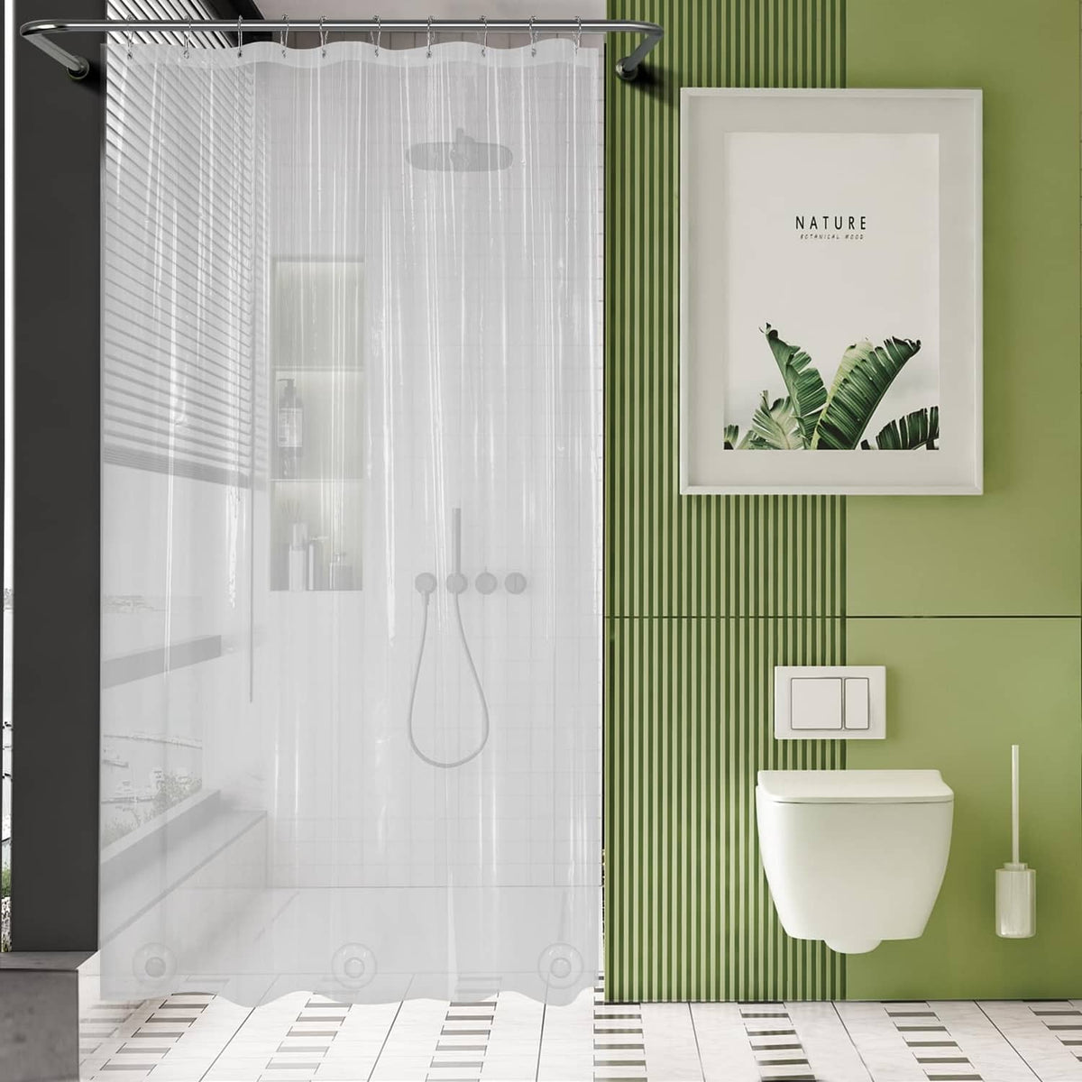 Clear long stall shower curtain with metal rod rings and see-through fabric