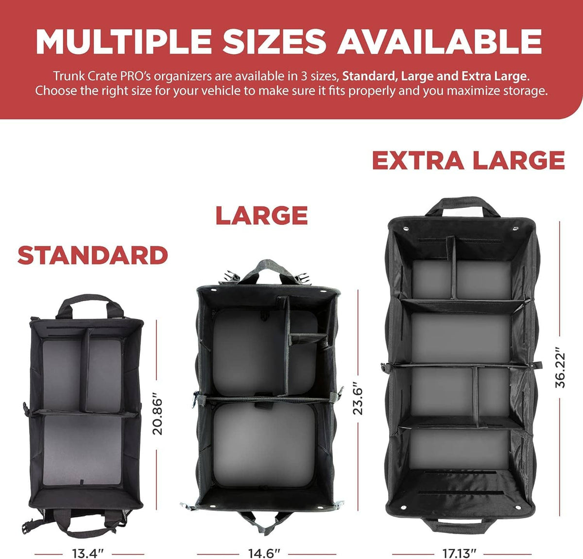 Collapsible black car trunk storage organizer with multiple size options