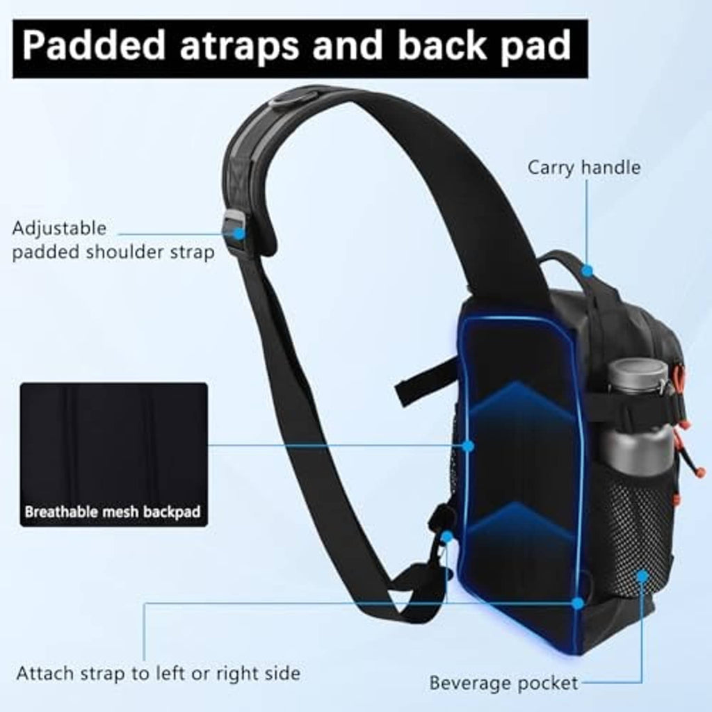 Black fishing sling backpack with padded shoulder strap, carry handle, and mesh back pad
