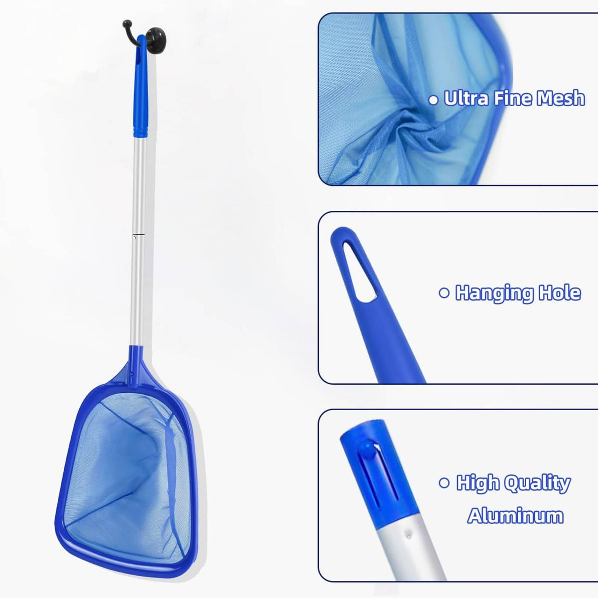 Blue mesh skimmer net with hanging hole and silver pole handle
