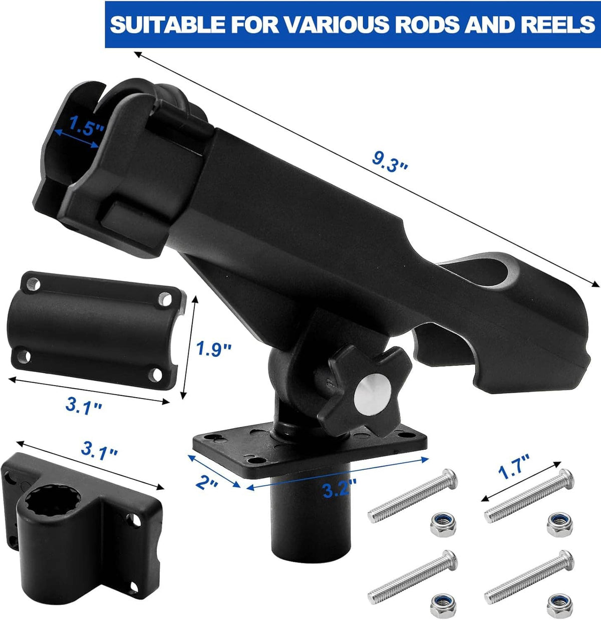 Adjustable black boat fishing rod holder with clamp, base plate, and included hardware