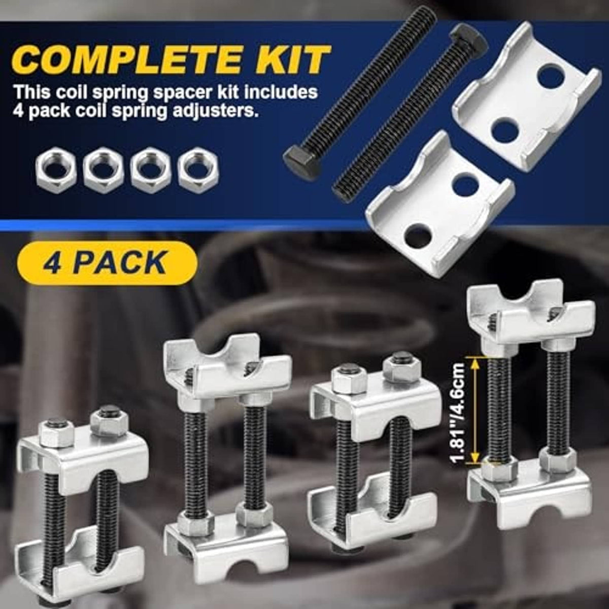 Adjustable coil spring spacer 4-pack kit with brackets, bolts, and nuts
