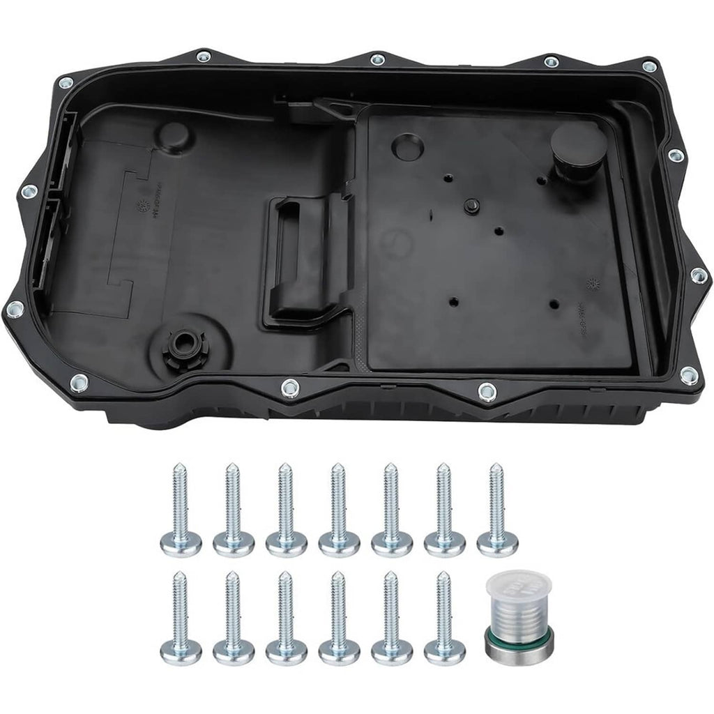 Black automatic transmission oil pan, open underside view with bolts