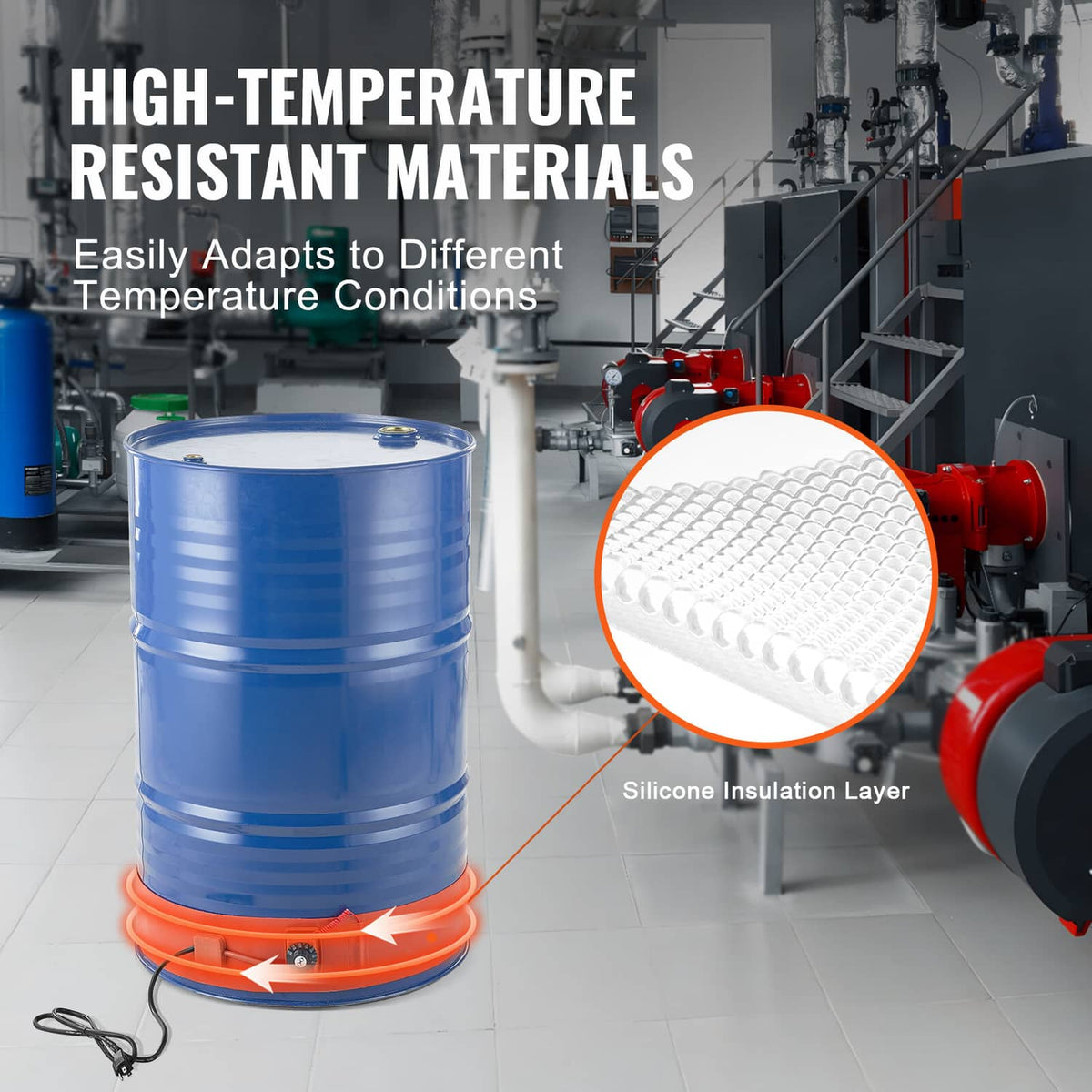 55-gallon drum heater with orange base ring and visible heating surface detail