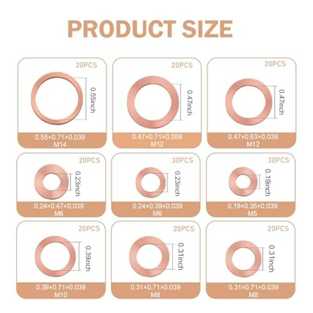 Copper washer size guide showing multiple circular gasket sizes and thicknesses