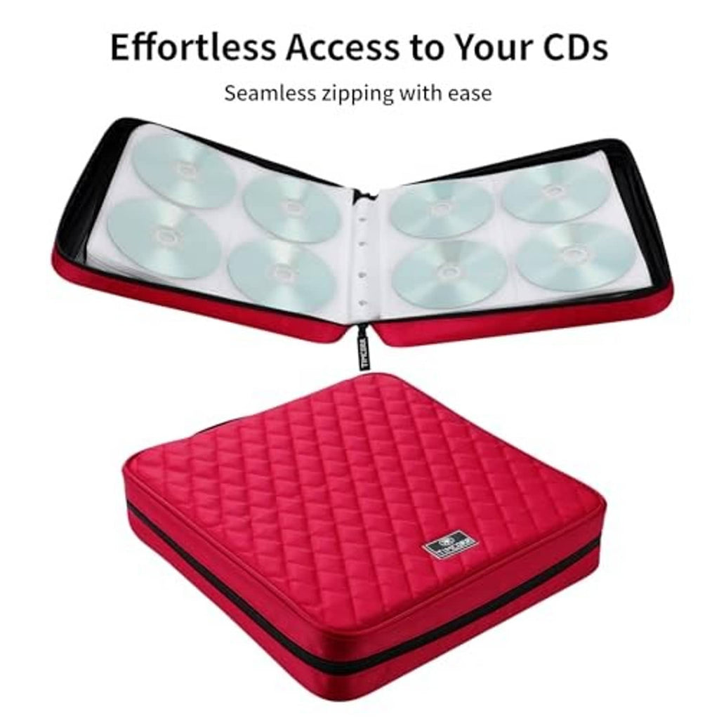 Red CD storage case open flat, quilted base and interior CD holders