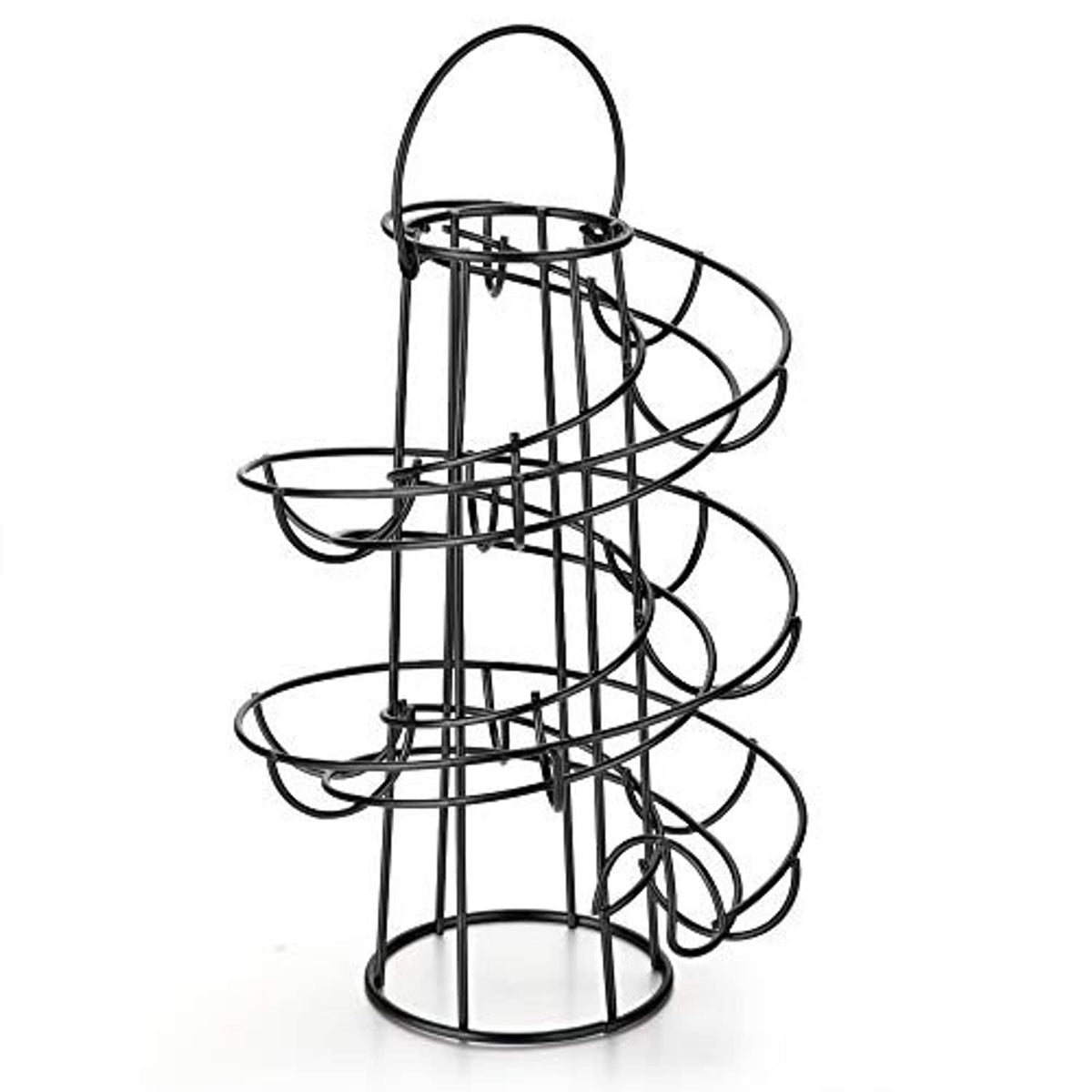 Spiral metal egg rack with stacked wire baskets and handle loop, black finish.