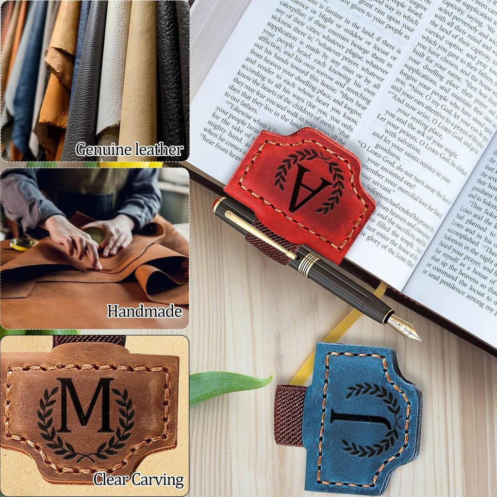 Leather magnetic letter bookmark set with stitched panels and attached pen