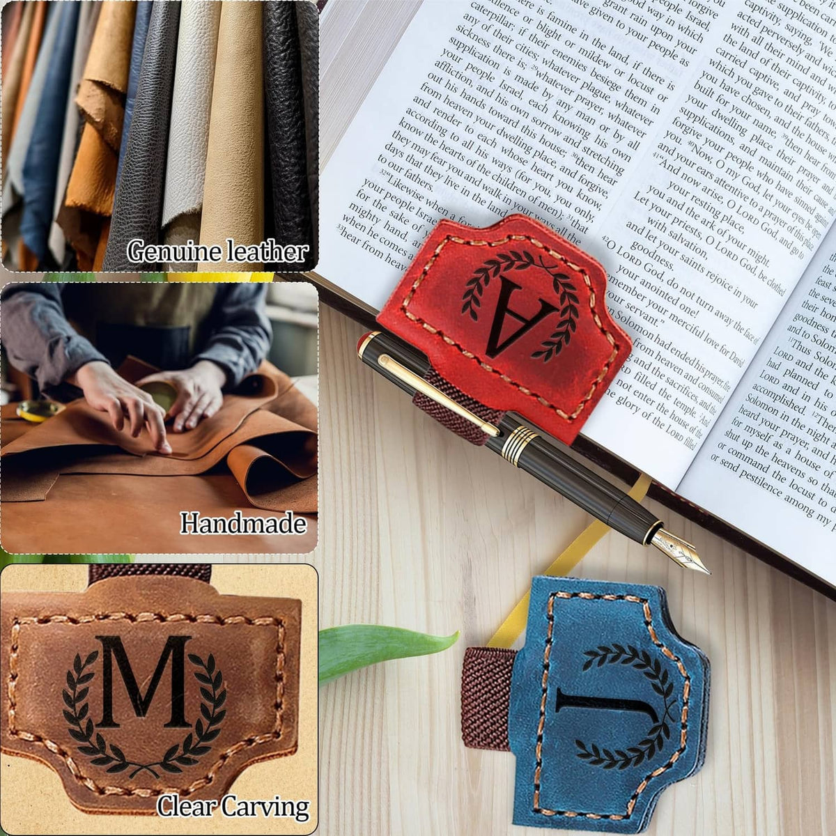 Leather magnetic letter bookmark set with stitched panels and attached pen
